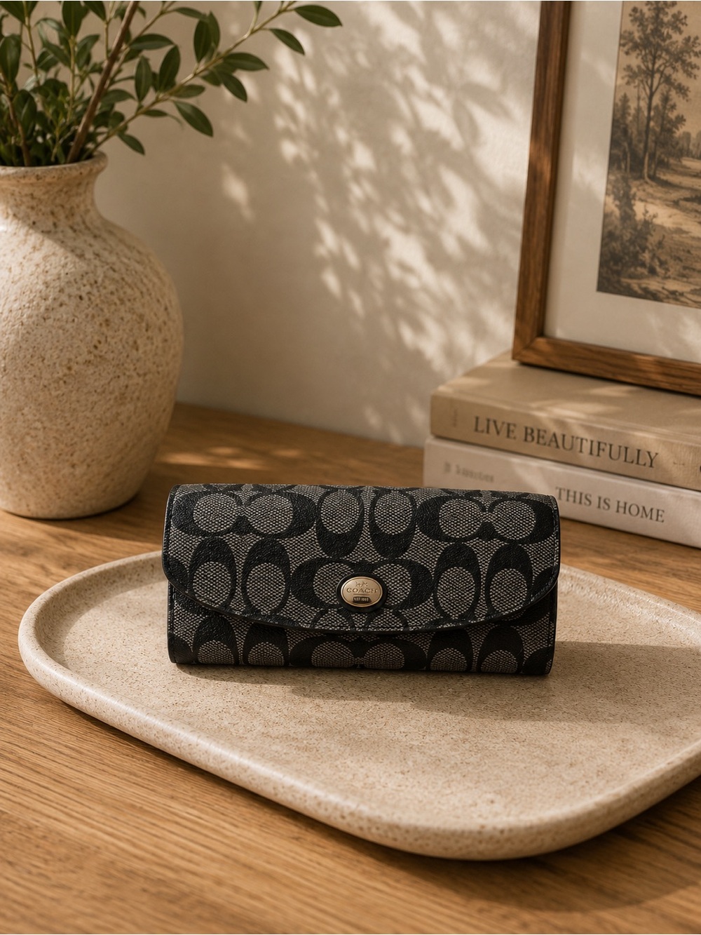 Coach Signature Long Wallet Black Grey Jacquard Snap Flap Checkbook Authentic
